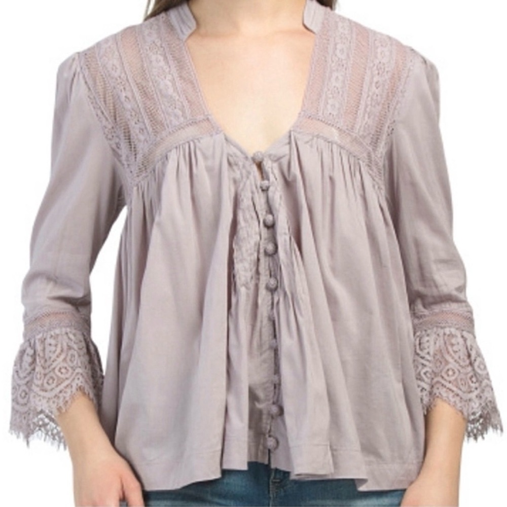 Free People Esme Lace Trim Blouse muted dusty mauve pink EUC medium - Picture 4 of 12